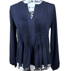 Ann Taylor Petite Navy Blue sheer pleated  long sleeve top size S academia work
